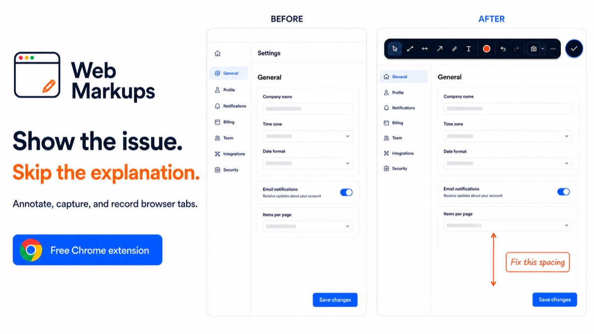 Web Markups before-and-after settings panels on white, with orange spacing arrows and a Fix this spacing callout