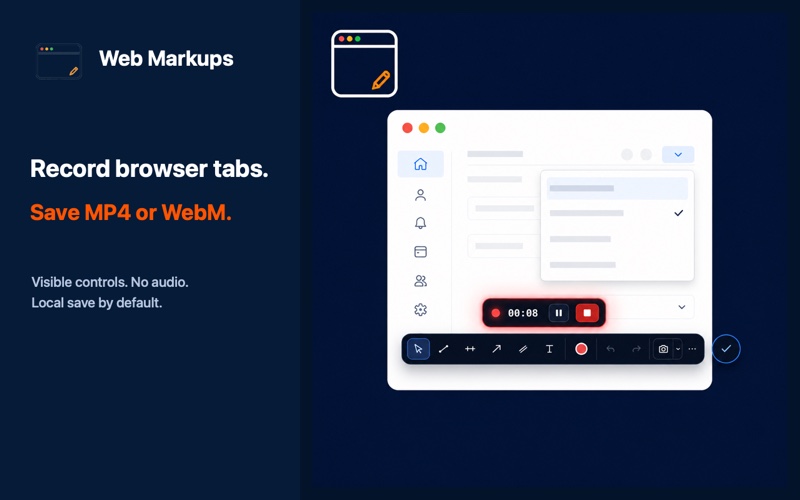 Web Markups browser-tab recording controls with MP4 and WebM formats